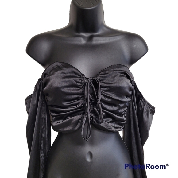 Blue Blush Black Satin Lace Up Tie Front Off The Shoulders Crop Top - Picture 2 of 10